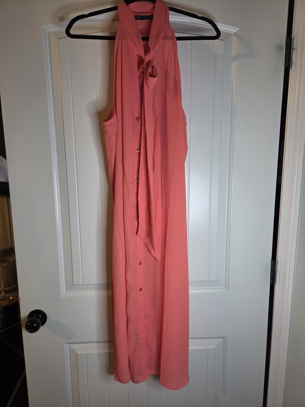 New York & Company Coral Pink Tie-Neck Maxi Slip Dress - Picture 2 of 3
